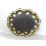 Victorian ebonised papier mache tray with lobed borders inlaid with abalone and mother of pearl