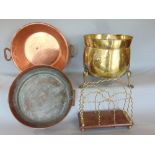 A mixed metalware lot to include two copper jam pans, a brass cauldron upon paw feet with lion