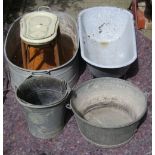 A galvanised two handled oval tin bath, three galvanised buckets of varying design, a small enamel