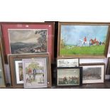 A collection of pictures and prints relating to hunting subjects including Ewan M Conway, oil on