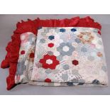 Hand stitched cotton patchwork quilt made of hexagon flowers with red lining 220 x 200 cm approx (