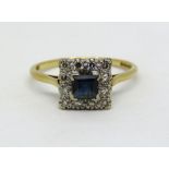 18ct Art Deco style sapphire and diamond ring, size R, 3g