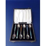 Attractive set of six silver and guilloche enamel coffee spoons, each with a coloured handle and Art