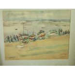 Amal Dagher (20th century continental) - coastal scene with fishing boats and figures and a