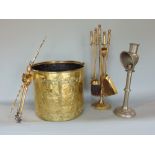 Good quality brass with copper riveted coal bucket, together with a further brass companion set, a