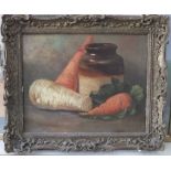 Late 19th century school - Still life with vegetables, oil on canvas, 29 x 37cm, together with a