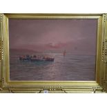 20th century continental school - Coastal scene at sunset with fishing boats, oil on board,