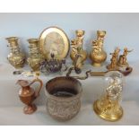 A mixed metalware lot to include a pair of Japanese cast bronze baluster vases decorated in relief