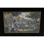 An early 19th century coloured engraving of a country harvest festival scene with dancers, musicians