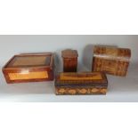 Tunbridge ware inlaid glove box, 24.5cm long, together with a further dome topped marquetry caddy,