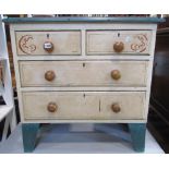 A small Victorian pine bedroom chest of two short over two long drawers raised on probably later