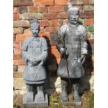 Two contemporary garden statues in the form of Chinese warriors (moulded fibre glass to simulate