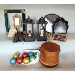 A mixed miscellaneous lot to include a porcelain headed doll, toile ware tray, Black Forest gilt