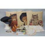 Mixed collection including three Susan Herbert tapestry style cushions featuring cats, a bag of