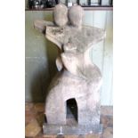 A modernist cast composition stone garden sculpture/figure group raised on a rectangular base, 100cm