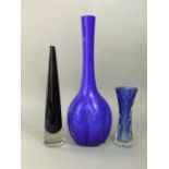 A Timo Sarpaneva art glass decanter/jug in navy blue of tapered form, 39cm high; together with a