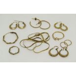 Mixed lot comprising a 9ct flat snake link necklace, collection of 9ct / yellow metal earrings and