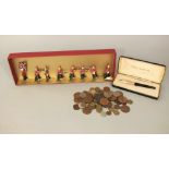 Cased set of Britains type lead figures, Welsh Guards, together with a cased Watermans fountain