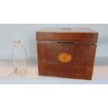 Good 19th century mahogany and boxwood inlaid decanter box, the hinged lid enclosing a segmented