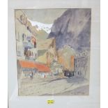 A collection of six 19th century and later watercolours, subjects including Clovelly, continental