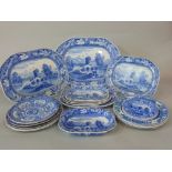A collection of early 19th century Spode blue and white printed wares with four arched stone bridge,