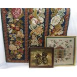 Substantial needlepoint tapestry panel depicting columns of flowers and fruit on blue ground with