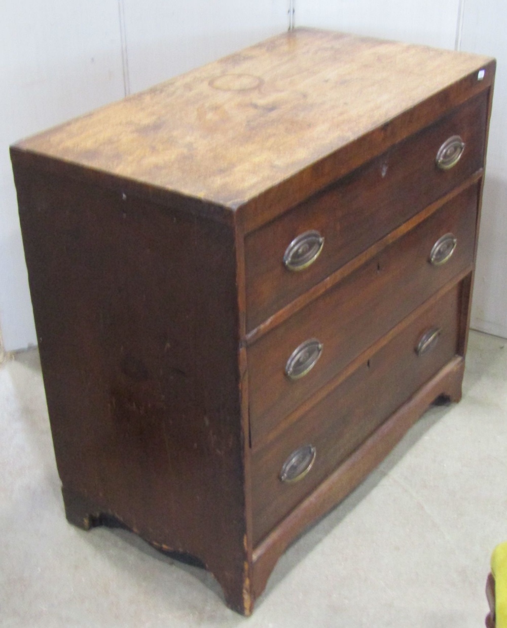 A small 19th century mahogany caddy top bedroom chest of three long graduated drawers with shaped - Image 2 of 4