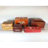A collection of five various antique and vintage boxes to include a decoupage enamel box, a