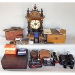 An interesting collection of items to include a two train mantel clock, a mahogany jewellery box,