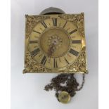 An 18th century 30 hour longcase clock movement, with 22cm (8.5 inch) square brass dial, applied