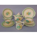 A collection of Clarice Cliff Wilkinson Rhodanthe tea wares with blue and yellow floral decoration