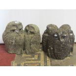 Two novelty weathered cast composition stone owl groups, with inset marble eyes, the tallest 28cm