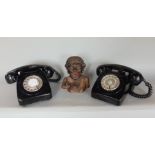 Novelty cast metal money box inscribed 'Dinah', together with two BT GPO Telephones (3)