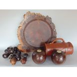 Interesting hardwood lot to include an olive wood type fruit bowl, a collection of lignum vitae door