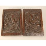 Pair of antique carved oak panels depicting mythical beasts, with open mouths spouting with scrolled