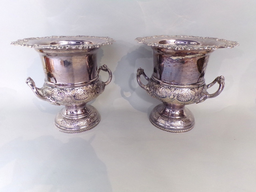 Pair of twin handled silver plated compania and urn/wine coolers, chased with scrolled foliage - Image 2 of 2