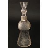 Silver collared hob nail cut glass thistle decanter, the bowl etched with thistles and with