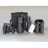 Three pairs of binoculars - Russian 25 x 70 with case, strap and protectors, with Helios 10 x 50