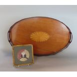 Edwardian silver plated and fruitwood gallery tray with boxwood fan inlay and on four ball feet,