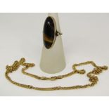 9ct rope twist necklace together with a 9ct cabochon tiger's eye ring, 11.4g total (2)