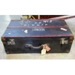 Two vintage travelling trunks, one timber lathe bound