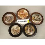 A quantity of 19th century Prattware pot lids, mostly framed, subjects including Lend a Bite, The