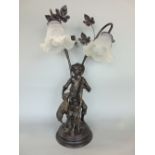 Novelty bronzed spelter figural lamp in the form of a young shepherd boy with a sheep at his feet,