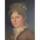 Early 19th century school - Bust length portrait of a lady in lace cap and brown dress with floral