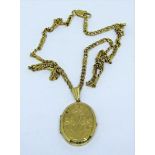 9ct locket necklace with engraved decoration and fancy link chain, 12.9g