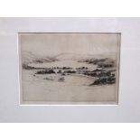 John Fullwood, RBA - Loch Leven and Glencoe, black and white etching, signed, 22 x 36.5cm approx