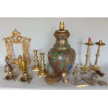 A box of interesting items to include a cloisonné baluster lamp, a collection of various silver