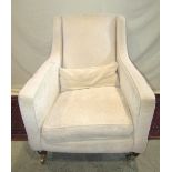 A contemporary drawing chair with cream ground herringbone upholstery, square supports
