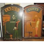 A pair of hand painted wall mounted ladies and gents novelty toilet signs