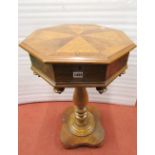 Mid 19th century figured oak work table of octagonal form raised on a vase shaped pillar and